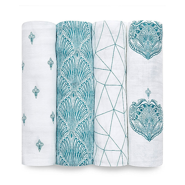 aden + anais Mullwindel-Set PAISLEY TEAL (120x120) 4-teilig in petrol/weiss
