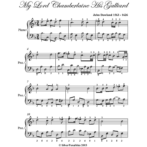 My Lord Chamberlaine His Galliard - Easy Piano Sheet Music, Silver Tonalities
