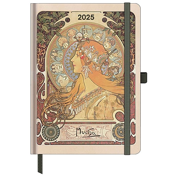 N NEUMANNVERLAGE - Alfons Mucha 2025 ArtDiary, 16x22cm, Taschenkalender mit Banderole und Lesebändchen, Tasche für Visitenkarte, Jahres- und Monatsübersicht und internationales Kalendarium