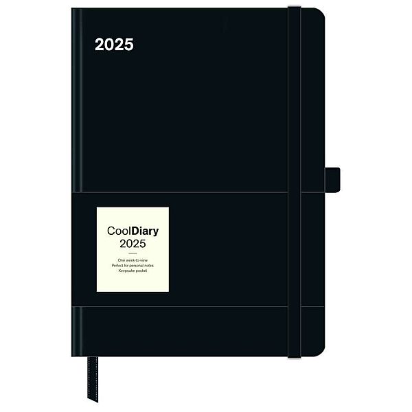 N NEUMANNVERLAGE - Black 2025 Cool Diary, 16x22cm, Taschenkalender mit Banderole und Lesebändchen, Tasche für Visitenkarte, Jahres- und Monatsübersicht, Mondphasen und internationales Kalendarium