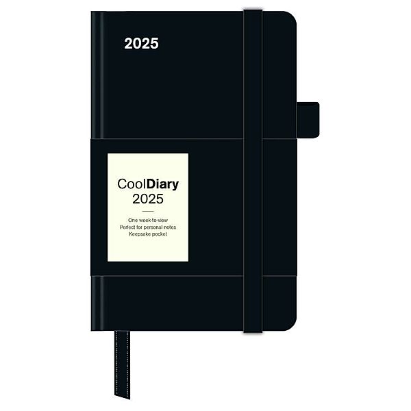 N NEUMANNVERLAGE - Black 2025 Cool Diary, 9x14cm, Wochenkalender mit Banderole und Lesebändchen, Tasche für Visitenkarte, Jahres- und Monatsübersicht, Mondphasen und internationales Kalendarium