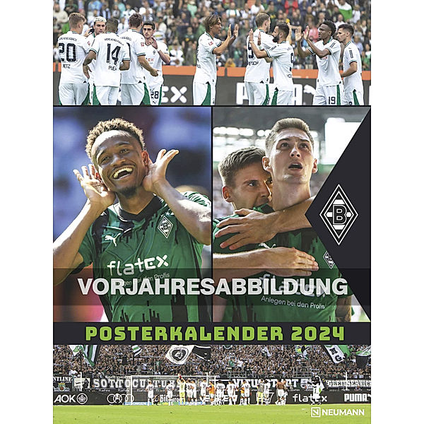 N NEUMANNVERLAGE - Borussia Mönchengladbach 2025 Posterkalender, 48x64cm, Fussball-Kalender mit Motiven der Stars, Fan-Kalender mit Fussball-Highlights, Spiralbindung und int. Kalendarium