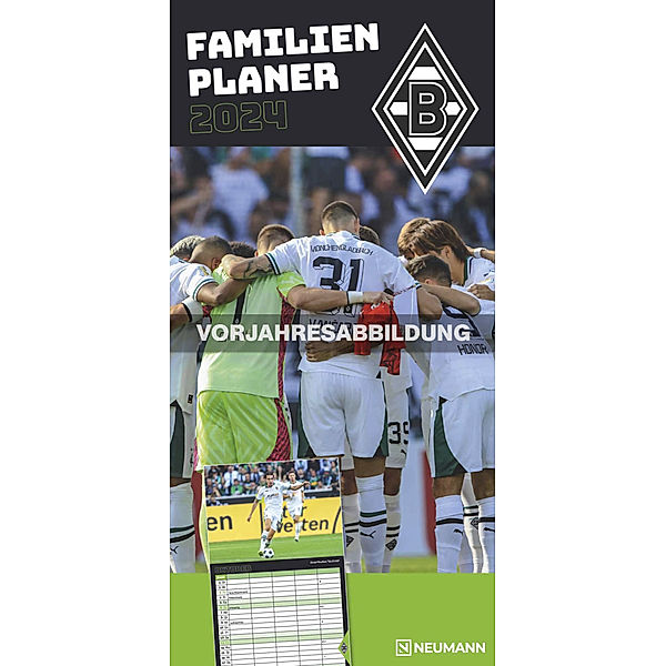 N NEUMANNVERLAGE - Borussia Mönchengladbach 2025 Fan-Timer, 22x45cm, Fußball-Familienplaner mit 5 Spalten und Motiven der Stars, Fan-Kalender mit Fußball-Highlights und deutsches Kalendarium