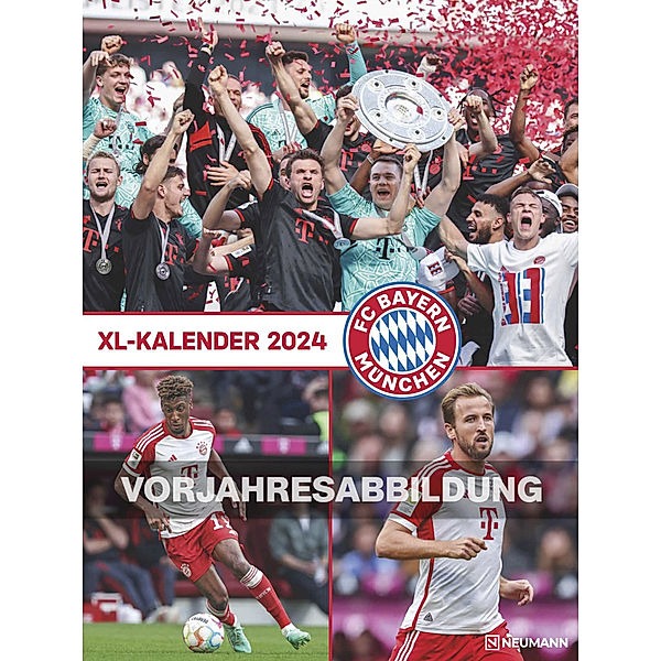 N NEUMANNVERLAGE - FC Bayern München 2025 Posterkalender, 48x64cm, Fussball-Kalender mit Motiven der Stars, Fan-Kalender mit Fussball-Highlights, Spiralbindung und internationales Kalendarium