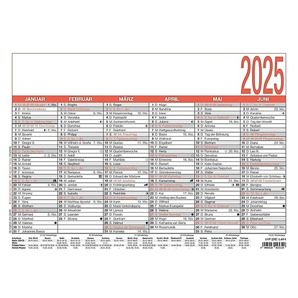 Namenstagekalender 2025 - A4 (29,7 x 21 cm) - 6 Monate auf 1 Seite - Tafelkalender - Plakatkalender - Jahresplaner - 905-0000