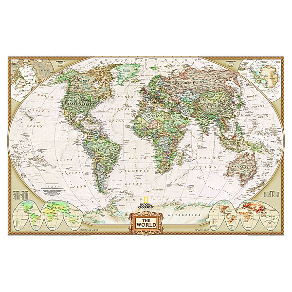 National Geographic The World, Weltkarte auf Kork-Pinnwand (historischer antiker Stil)