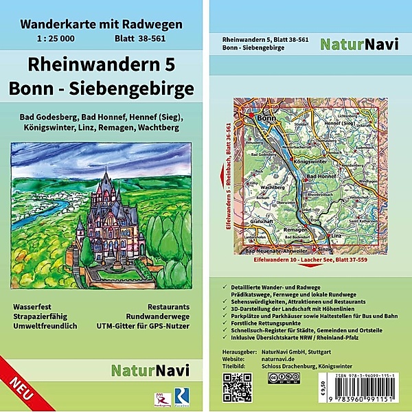 NaturNavi Wanderkarte mit Radwegen 1:25 000 / 38-561 / Rheinwandern - Bonn - Siebengebirge