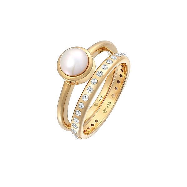 Nenalina Ring Süßwasserperle Eternity Zirkonia 2er Set 925 (Farbe: Gold, Größe: 52 mm)