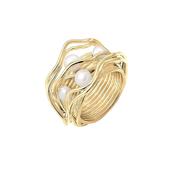 Nenalina Ring Verknotet Gewoben Süßwasserperlen 925 Silber (Farbe: Gold, Größe: 58 mm)