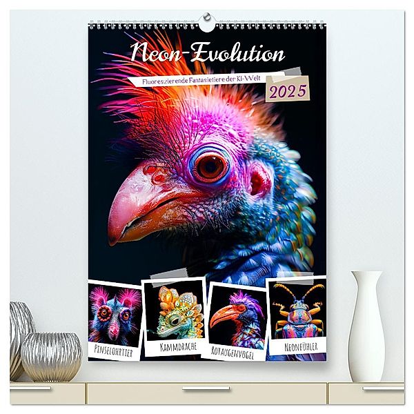 Neon-Evolution - Fluoreszierende Fantasietiere der KI-Welt (hochwertiger Premium Wandkalender 2025 DIN A2 hoch), Kunstdruck in Hochglanz, Calvendo, Anja Frost