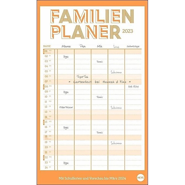 Neon Orange Familienplaner XL 2023. Alles im Blick: Extra breiter Kalender für Familien mit 5 Spalten, Schulferien und S