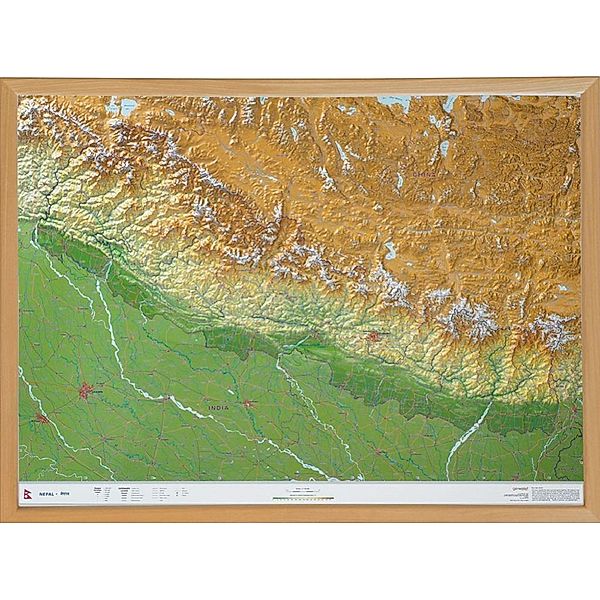 Nepal, Reliefkarte Gross 1:1.150.000 mit Naturholzrahmen, André Markgraf, Mario Engelhardt