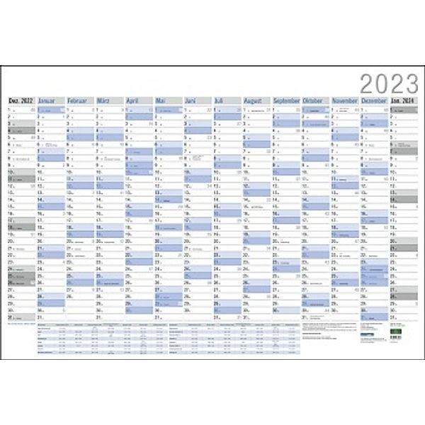 Neutraler Wandplaner 2023. Großer Jahresplaner. Wandkalender 2023 zum Eintragen. XXL Büro-Kalender mit Ferientermine und