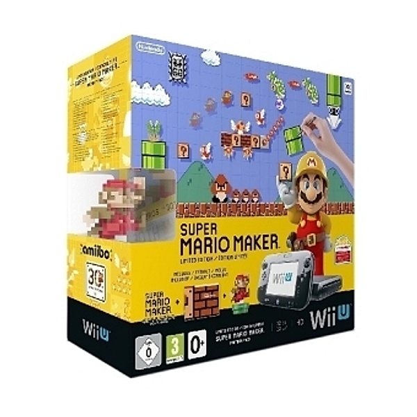 Nintendo Wii U Premium Black, 1 Konsole + Super Mario Maker, 1 Nintendo Wii U-Spiel + amiibo Figur + Artbook