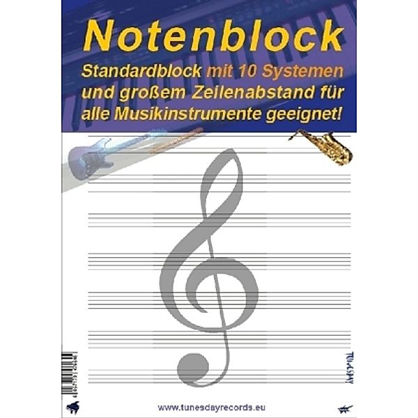 Notenblock: Standardblock mit 10 Systemen und grossem Zeilenabstand für alle Musikinstrumente geeignet