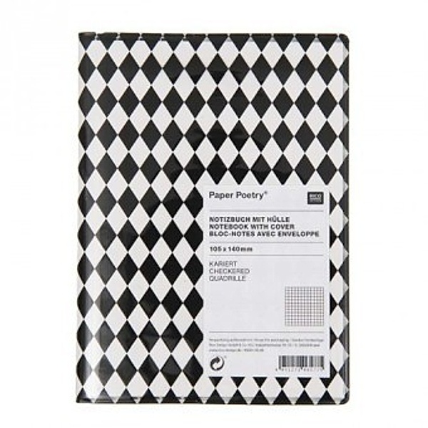 Notizbuch A6 weißer Umschlag, kariert mit Plastik-Hülle Motiv: schwarze Rauten