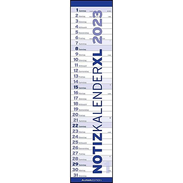 Notizkalender XL BLAU 2023 - Streifenkalender 15x64 cm - Wandplaner - Küchenkalender - schmales Design - eine Spalte - L