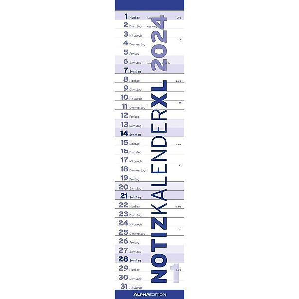 Notizkalender XL BLAU 2024 - Streifenkalender 15x64 cm - Wandplaner - Küchenkalender - schmales Design - eine Spalte - Langplaner