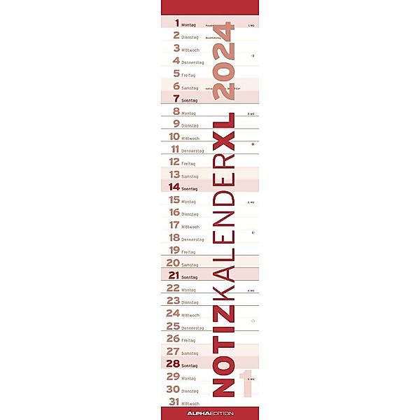 Notizkalender XL Rot 2024 - Streifenkalender 15x64 cm - Wandplaner - Küchenkalender - schmales Design - eine Spalte - Langplaner