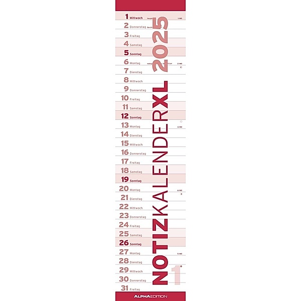 Notizkalender XL Rot 2025 - Streifenkalender 15x64 cm - Wandplaner - Küchenkalender - schmales Design - eine Spalte - Langplaner