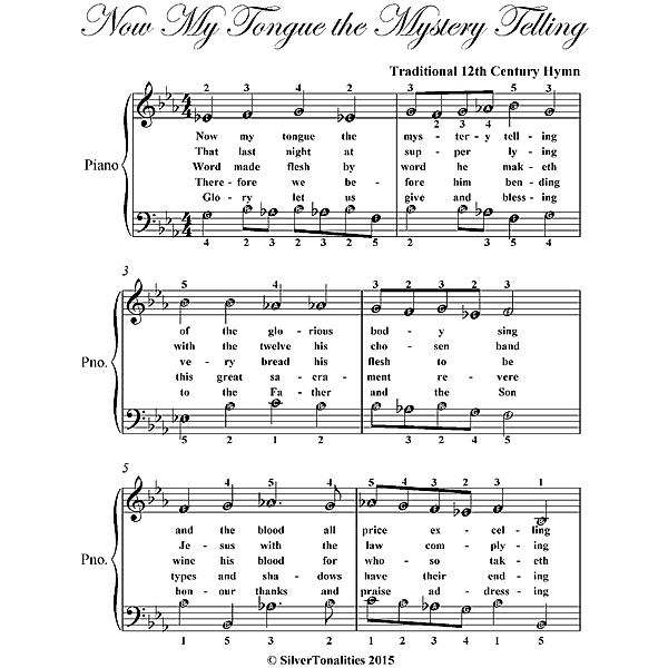 Now My Tongue the Mystery Telling Easy Piano Sheet Music, Traditional 12th Century Hymn