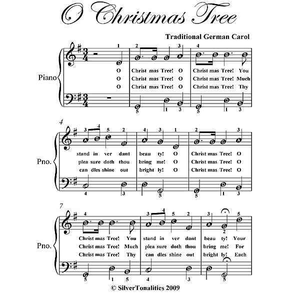 O Christmas Tree Easiest Piano Sheet Music, Traditional German Carol