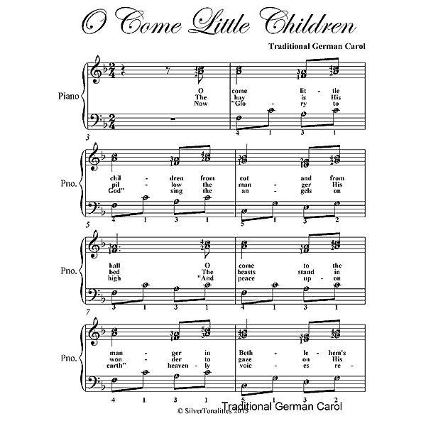 O Come Little Children Easy Elementary Piano Sheet Music, Traditional German Carol