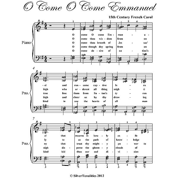 O Come O Come Emmanuel Elementary Piano Sheet Music, 15 Century French Carol