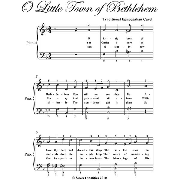 O Little Town of Bethlehem Easy Elementary Piano Sheet Music, Traditional Episcopalian Carol