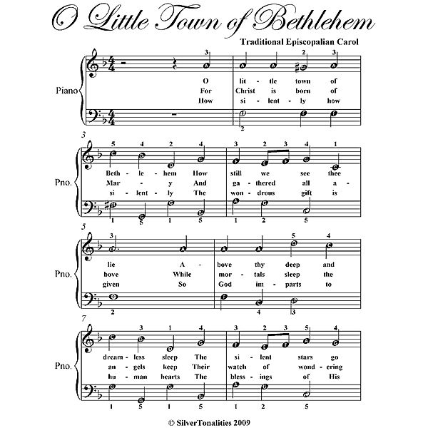 O Little Town of Bethlehem Easy Piano Sheet  Music, Traditional Episcopalian Carol