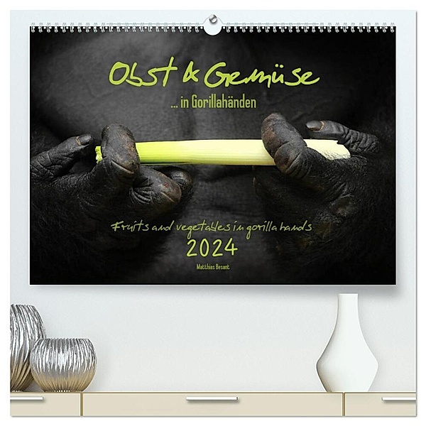 OBST & GEMÜSE in Gorillahänden (hochwertiger Premium Wandkalender 2024 DIN A2 quer), Kunstdruck in Hochglanz, Matthias Besant