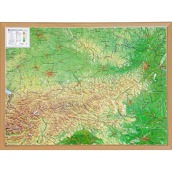 Österreich, Reliefkarte 1:8.000.000 mit Naturholzrahmen, André Markgraf, Mario Engelhardt