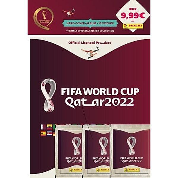 Offiziell lizenzierte Stickerkollektion FIFA World Cup Qatar 2022 - Panini: Starter-Set limitiertes Hardcoveralbum mit 3