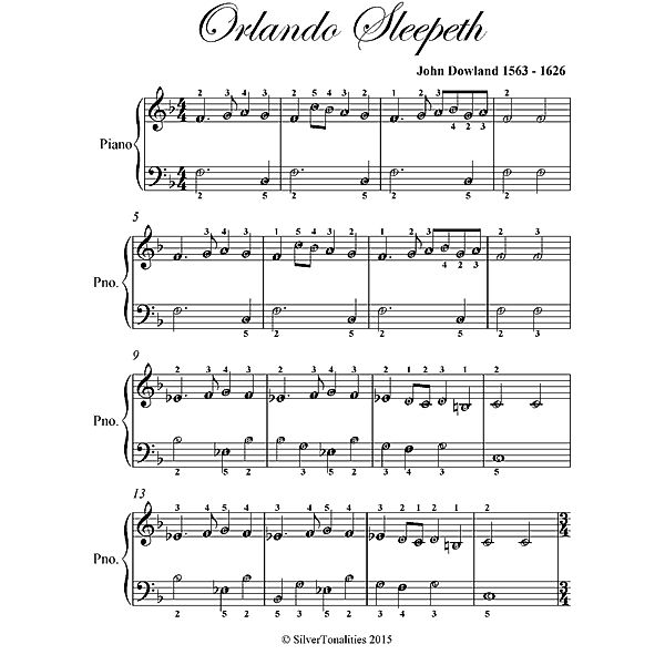 Orlando Sleepeth - Easy Piano Sheet Music, Silver Tonalities