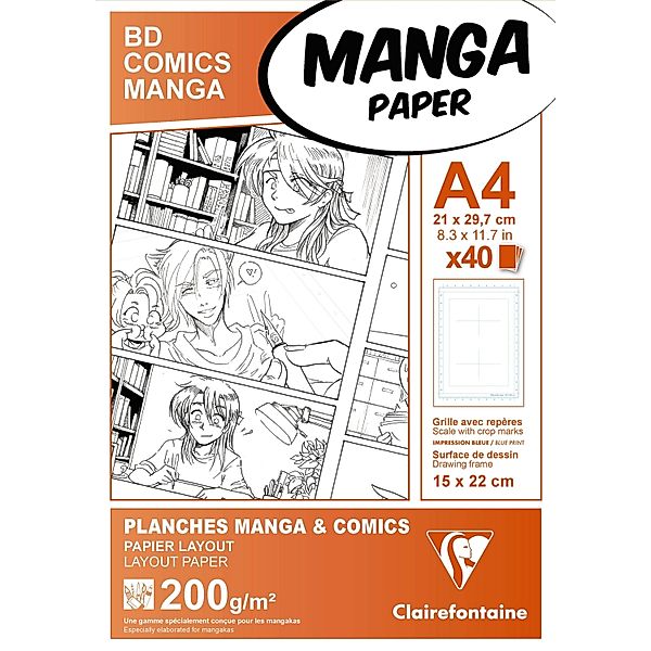 Papier für Manga, Packung/Etui mit 40 Blatt A4 200g, mit sechsteiligem Raster