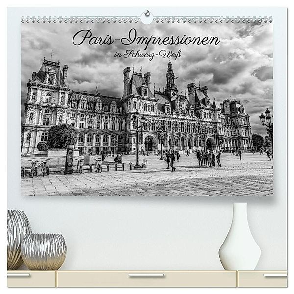 Paris-Impressionen in Schwarz-Weiß (hochwertiger Premium Wandkalender 2024 DIN A2 quer), Kunstdruck in Hochglanz, Christian Müller