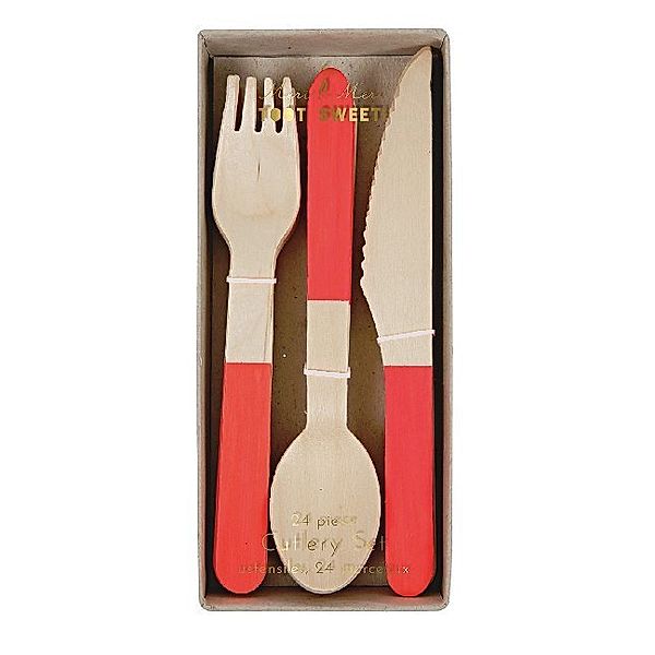 Meri Meri Partybesteck WOODEN CUTLERY 24er-Set aus Holz in natur/rot