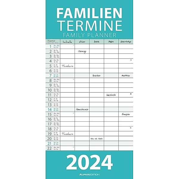 Pastell 2024 Familienplaner - Familien-Timer - Termin-Planer - Kinder-Kalender - Familien-Kalender - 22x45
