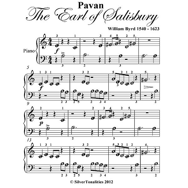 Pavan the Earl of Salisbury Beginner Piano Sheet Music, William Byrce