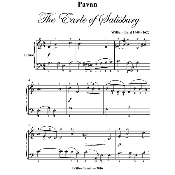 Pavan the Earle of Salisbury Easy Piano Sheet Music, William Byrd