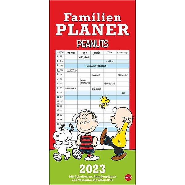 Peanuts Familienplaner 2023. Familienkalender mit 5 Spalten. Humorvoll illustrierter Familien-Wandkalender mit Snoopy, C