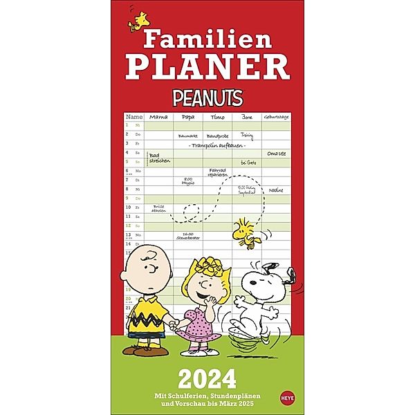 Peanuts Familienplaner 2024. Kalender für Familien mit 5 Spalten. Humorvoll illustrierter Familien-Wandkalender mit Snoopy, Charlie Brown und Co.