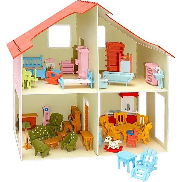 PEBARO Holzbausatz Puppenhaus mit Möbeln