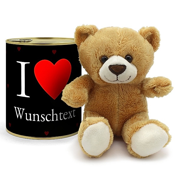 Personalisierte Geschenkdose - Teddybär (Motiv: Liebesherzen)