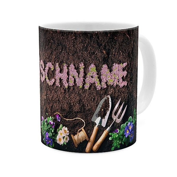 Personalisierte Panorama-Tasse, weiss (Motiv: Blumenbeet)