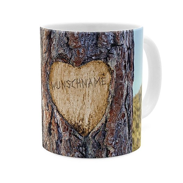 Personalisierte Panorama-Tasse, weiß (Motiv: Baumherz)