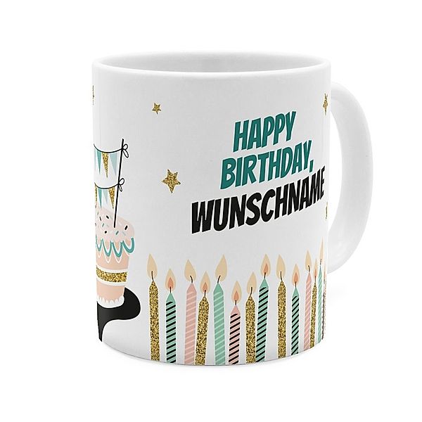 Personalisierte Panorama-Tasse, weiss (Motiv: Happy Birthday)