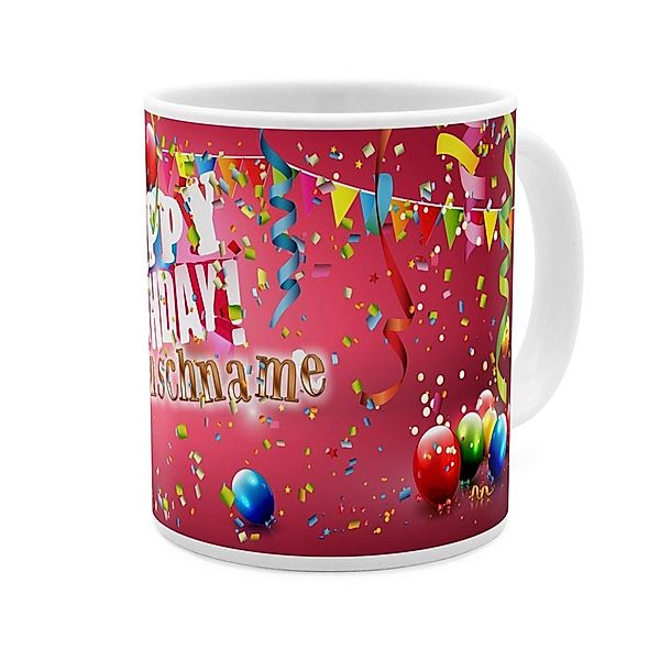 Personalisierte Panorama-Tasse, weiss (Motiv: Happy Birthday Party)