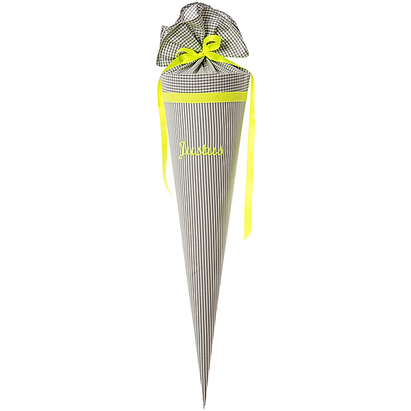 paula & ferdinand Personalisierte Schultüte VICHY STRIPES I grau (Farbe: neon gelb)