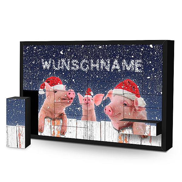 Personalisierter Adventskalender 24 Schachteln (Motiv: Schweinchen im Schnee)